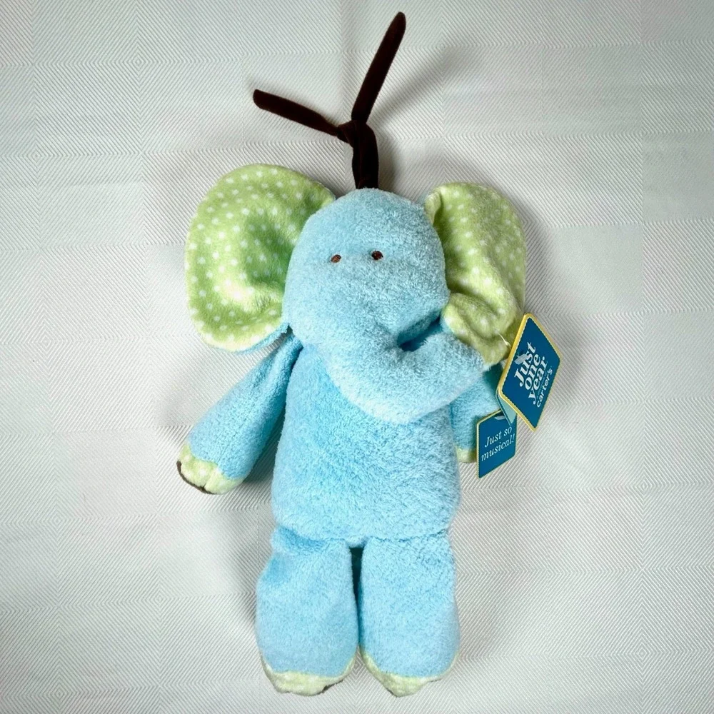CARTERS Just One Year Musical Pull Blue Elephant White Dots Nursery Plush NEW